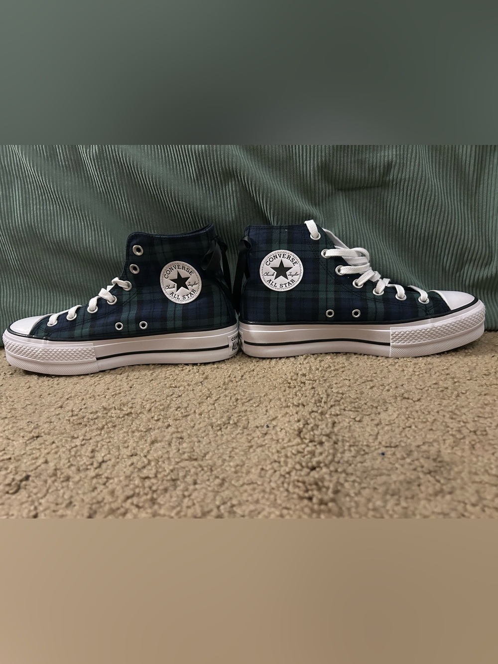 Brand new Converse Platform High Tops in Blue/Green Plaid, Women’s Size 8